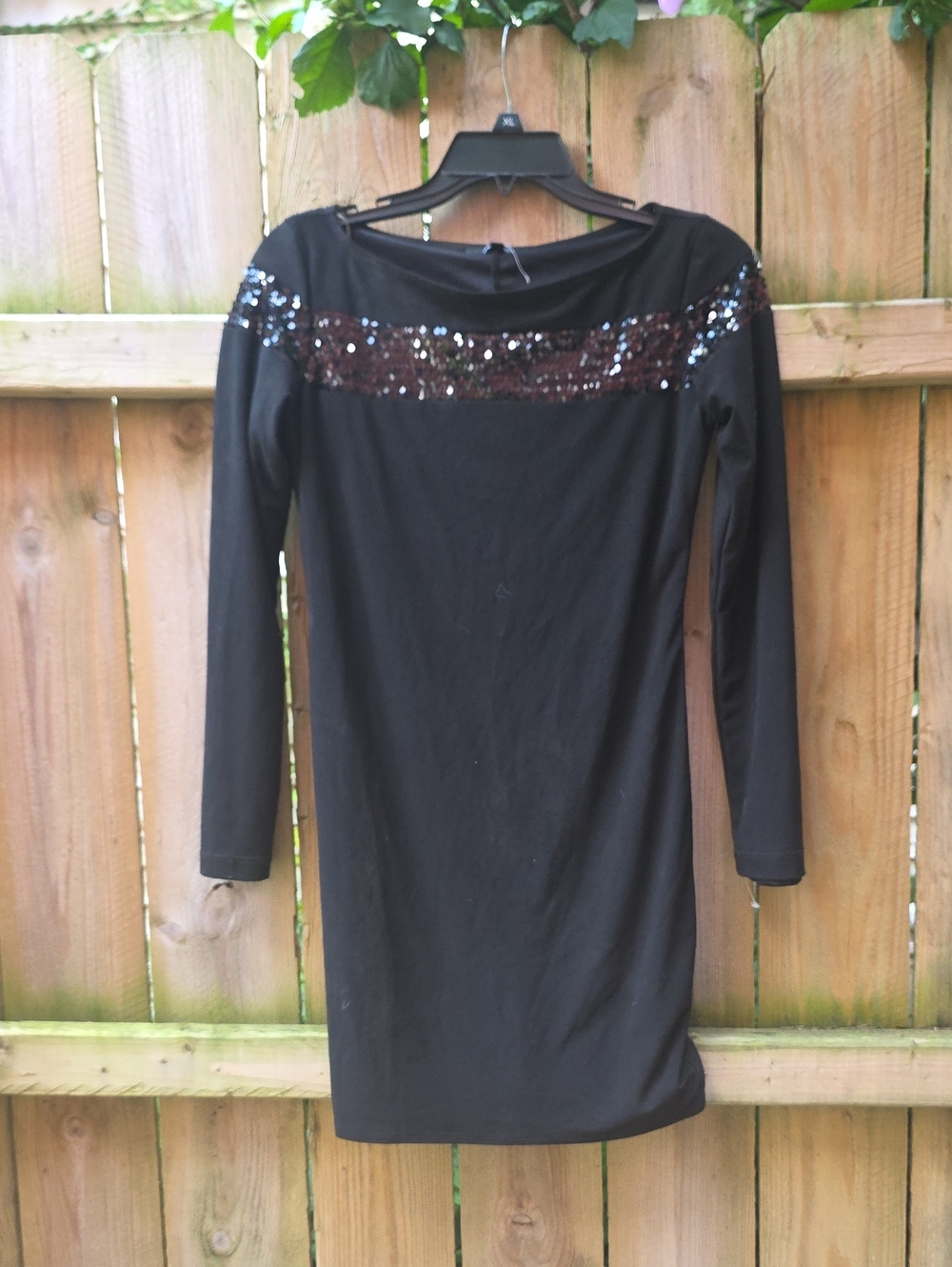 Black Sequin Trim Long Sleeve Shift Dress